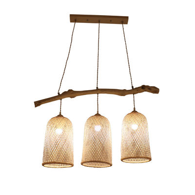 Tiga Kepala Rattan Pendant Lampu, Restoran Bambu Woven Lamp 3500K