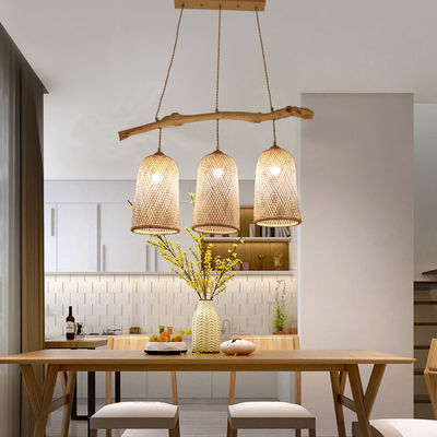 Tiga Kepala Rattan Pendant Lampu, Restoran Bambu Woven Lamp 3500K