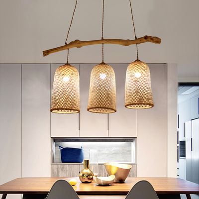 Tiga Kepala Rattan Pendant Lampu, Restoran Bambu Woven Lamp 3500K