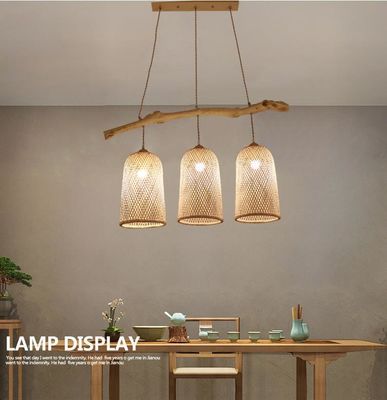 Tiga Kepala Rattan Pendant Lampu, Restoran Bambu Woven Lamp 3500K