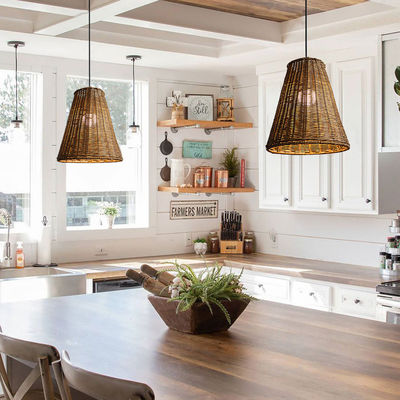 Modern Round Rattan Pendant Light, Rattan Ceiling Light Shade 65lm/W OEM