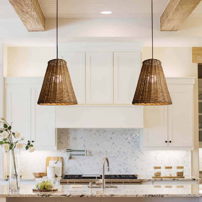 Modern Round Rattan Pendant Light, Rattan Ceiling Light Shade 65lm/W OEM