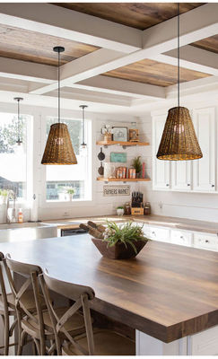 Modern Round Rattan Pendant Light, Rattan Ceiling Light Shade 65lm/W OEM