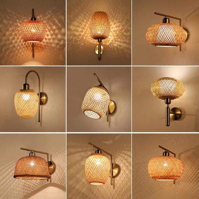 OEM Lampu Dinding Rattan Bulat, Lampu Lampu Rattan Bambu LED Sumber Cahaya