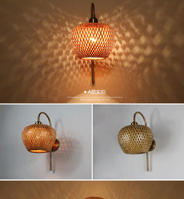 E27 LED Woven Bamboo Wall Lamp Sconce 3500K Untuk Kamar Tidur Kamar Mandi