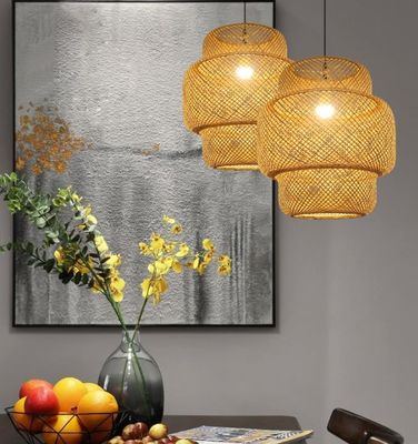 3500K Bamboo Round Weaving LED Pendant Lampu, Rattan Round Lampu OEM ODM