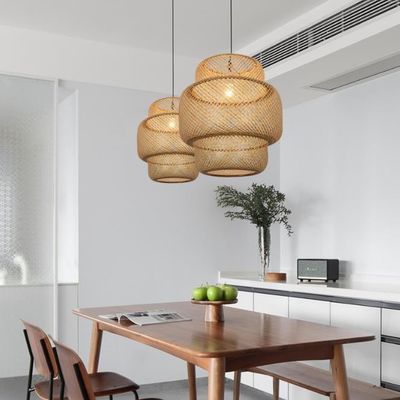 3500K Bamboo Round Weaving LED Pendant Lampu, Rattan Round Lampu OEM ODM
