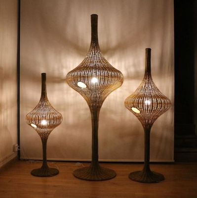 Modern Standing Rattan Floor Lamp E27 Base Untuk Kamar Tamu Hotel