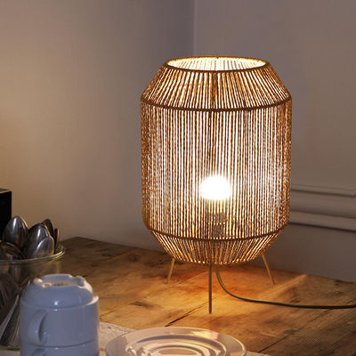 Vintage Twine Rattan Table Lamp, Handmade Wabi Sabi Table Lamp Untuk Homestay