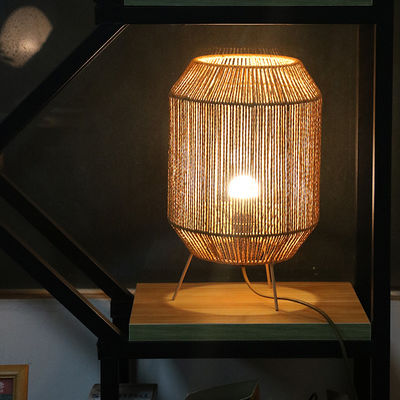 Vintage Twine Rattan Table Lamp, Handmade Wabi Sabi Table Lamp Untuk Homestay