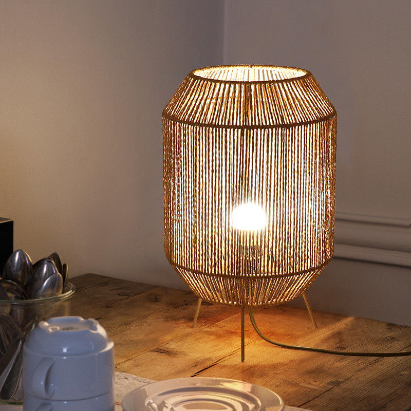 Vintage Twine Rattan Table Lamp, Handmade Wabi Sabi Table Lamp Untuk Homestay